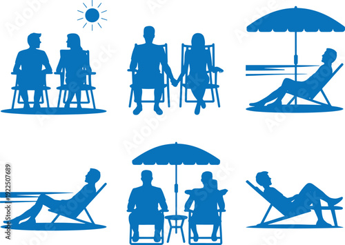 Collection of blue silhouettes depicting people relaxing on beach chairs and umbrellas isolated on transparent background