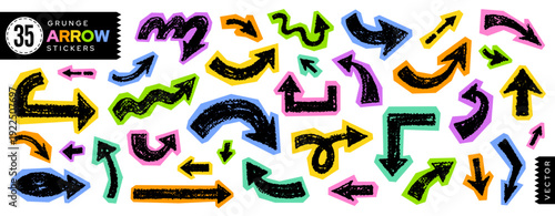 Arrows collage. Paper arrow scrapbook sticker. Cutout hand drawn and torn paper vector. Infographic zine set with black arrow in color collage or scrapbook shape. Cutout frame design. Handdrawn crayon