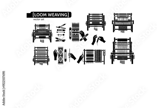 Loom Weaving Vector Set - Black Silhouette Illustrations, Textile Craft Graphics, Loom Icons, Fabric Making Design Elements