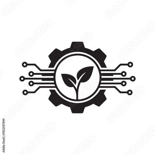 Eco-Friendly Industry and Sustainable Technology Icon with Gear Leaves and Circuit Lines
