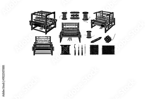 Loom Weaving Vector Set - Black Silhouette Illustrations, Textile Craft Graphics, Loom , Fabric Making Design Elements