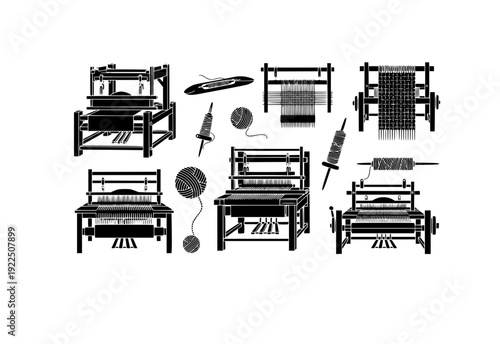 Loom Weaving Vector Set - Black Silhouette Illustrations, Textile Craft Graphics, Loom , Fabric Making Design Elements