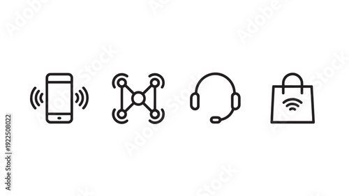 Vector Illustration Of Mobile Phone, Drone, Headset, And Shopping Bag With Wi-Fi Symbols For E-Commerce And Technology Concept