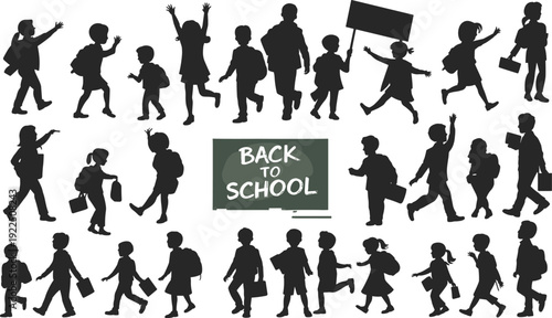 Back to school children silhouettes collection, students with backpacks walking and celebrating isolated on white background, education concept set