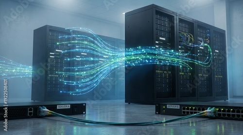High-speed streams of data flowing between illuminated server racks in a modern data center, representing cloud connectivity, network infrastructure, storage and digital information exchange