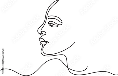 Elegant silhouette illustration of a woman face in profile with flowing hair and stylish beauty details