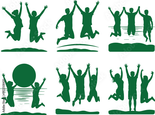 Collection of silhouettes showing people jumping and celebrating together in various dynamic poses