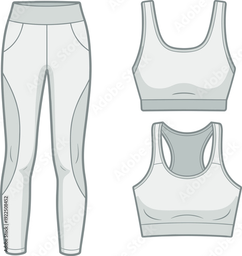 Women activewear leggings and sports bra set front back technical fashion flats illustration