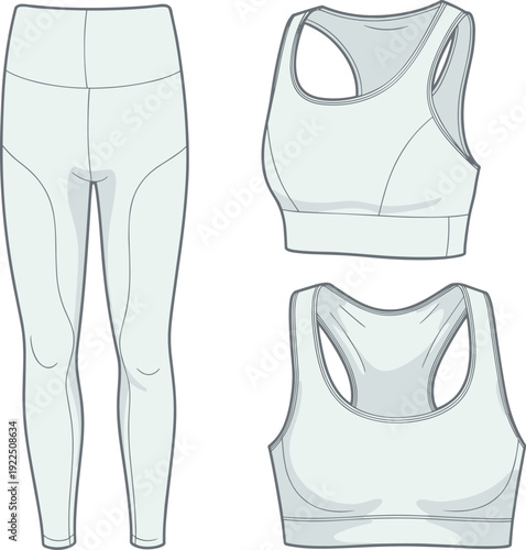 Women activewear set sports bra and leggings technical flats front back athletic clothing illustration