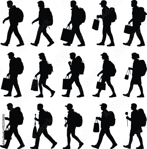 Silhouette of People Walking with Backpacks and Shopping Bags