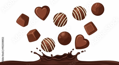 Assorted Heart and Round Chocolate Pralines Falling into Liquid Chocolate Splash Illustrating Dessert and Sweets Concept
