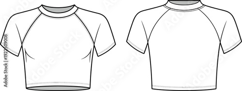 Women cropped raglan sleeve t shirt front and back view technical fashion flat design