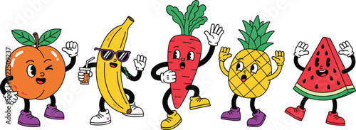 Cute Cartoon Fruit and Vegetable Characters Dancing Together Isolated on White Background, Funny Healthy Food Mascot Vector Illustration