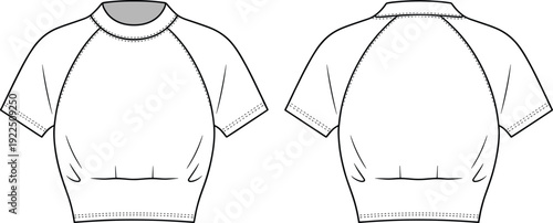 Women fitted raglan sleeve cropped t shirt front and back view fashion flat illustration