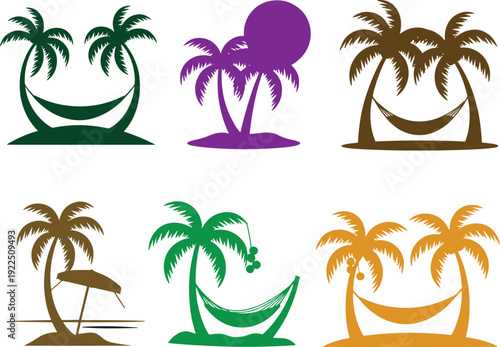 Collection of colorful tropical palm tree silhouettes with hammocks and umbrellas on small islands