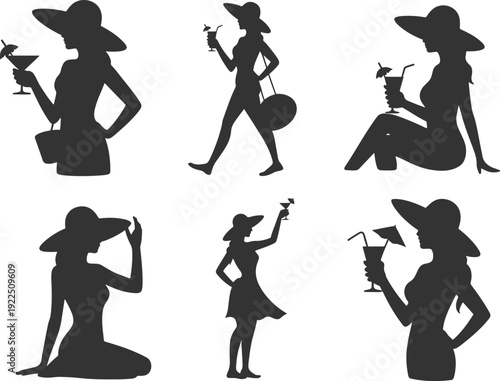 Silhouettes of women in hats holding cocktails in various poses and outfits on transparent background