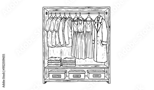Vintage Wardrobe Cabinet with Clothes Engraving Hand Drawn Vector Art