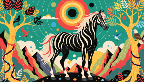 Very beautiful majestic horse standing before golden trees and colorful mountains, glowing sun and birds enhancing dramatic depth in luxurious 3D mural wallpaper composition.