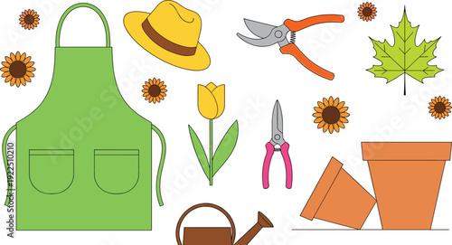 Gardening Equipment Vector Set with Green Apron Straw Hat Flower Pots Watering Can and Pruning Shears Isolated on White Background