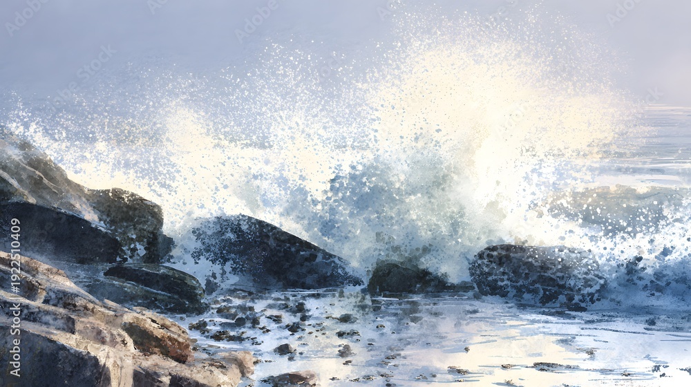 Obraz premium Dramatic watercolor wave crashes against Danish coast serene pastel sunlight reflects foamy textures
