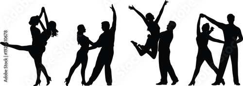 Couple dancing silhouette collection, romantic ballroom and latin dance partners isolated on white background expressing passion elegance movement and celebration