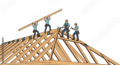 Four construction workers assembling a large wooden roof frame, lifting beams and using various tools on the structure.