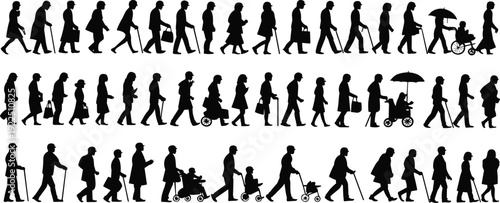 Crowd silhouette collection, diverse people walking with canes wheelchairs umbrellas and bags, urban pedestrian lifestyle illustration isolated on white background