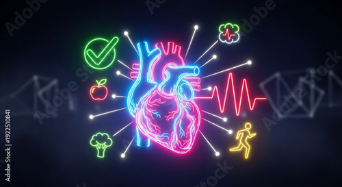 Neon heart with health icons and glowing lines on dark background symbolizing wellness and fitness