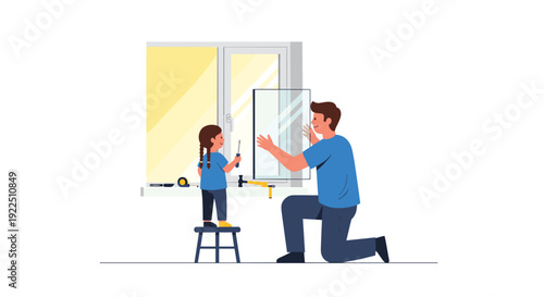 Father and young daughter fixing a window pane together in a brightly lit room with various tools on the windowsill.