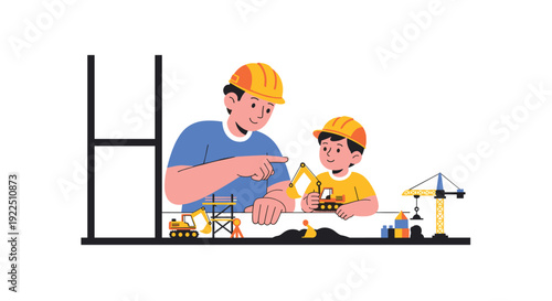 Father and son wearing hard hats playing with toy construction vehicles and building blocks together indoors.