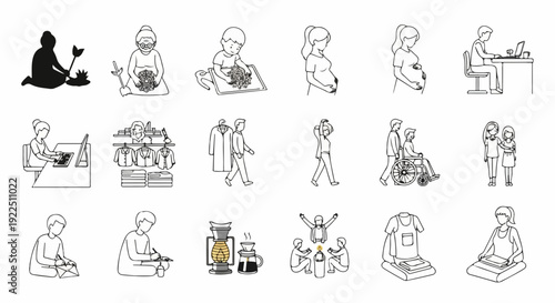 Human activities depicted in simple line art illustrations, showing individuals working, cooking, caring for elderly, and engaged in crafting.