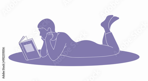Stylized person reading book on floor, a calm figure depicted lying on mat, engaged in quiet contemplation. Person reading book illustrates relaxation and learning,
