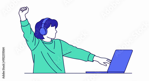 Person with headphones celebrating online success on laptop. Individual enjoying digital win with raised fist, demonstrating triumphant online success.