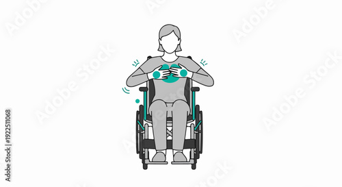 Person performing seated exercise in wheelchair, hands pressed together, upper body movement indicated. Seated exercise promotes physical therapy, rehabilitation, and strengthens core muscles.