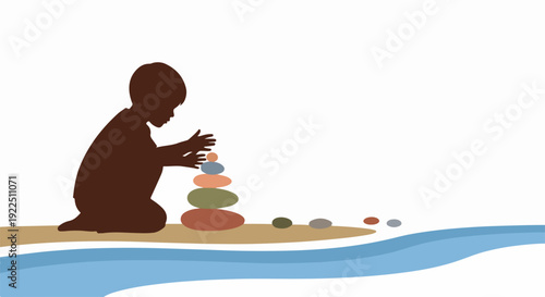 Dark silhouette of child stacking stones on sandy shoreline near water. Child stacking stones demonstrates concentration and early learning, building a balanced tower with colorful pebbles.