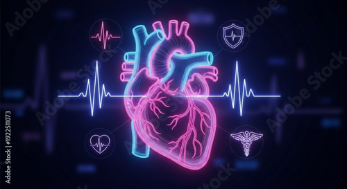Neon heart with ecg and medical icons on dark background symbolizing health and cardiology