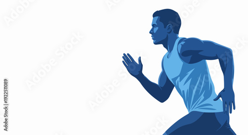 Graphic depiction of running man in motion, showcasing athletic form and dynamic movement. Muscular running man in shades of blue demonstrates speed and agility during sprint.