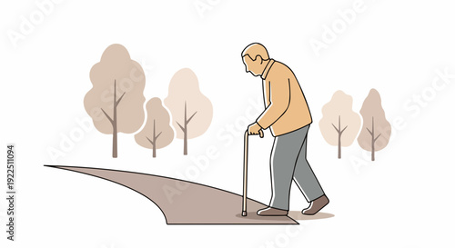 Elderly man walking with a cane on an outdoor path, surrounded by abstract trees in a peaceful park setting. This elderly man walking illustration depicts themes of aging, independence,