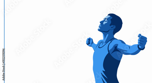 Man in blue tank top performs victory celebration on white background, showing triumph. Athlete expresses joy, arms outstretched, looking skyward, symbolizing success and achievement.