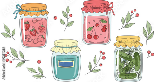 Preserved Food and Homemade Jam Glass Jars Vector Set with Strawberry Cherry and Pickled Cucumbers Isolated on White Background