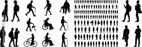 Diverse people silhouette collection, walking standing wheelchair cycling figures set, urban lifestyle characters isolated on white background