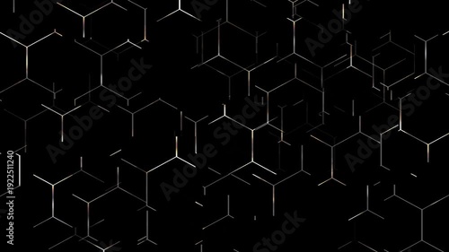 self-organizing particles forming a 3D hexagon cube pattern, shiny grid from contour lines isolated on black background, motion design element for technology and science