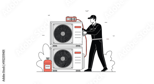 A technician in a black uniform and cap works on two stacked outdoor air conditioning units, connecting a diagnostic tool.