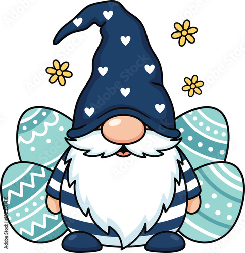 Cute cartoon Easter gnome holding colorful eggs in spring meadow with flowers