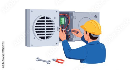 Male worker in a hard hat and blue uniform uses a screwdriver to perform maintenance on an open electrical panel.