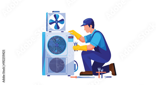 Male technician in blue uniform and gloves kneels, servicing an outdoor air conditioning unit with wrenches and repair tools.