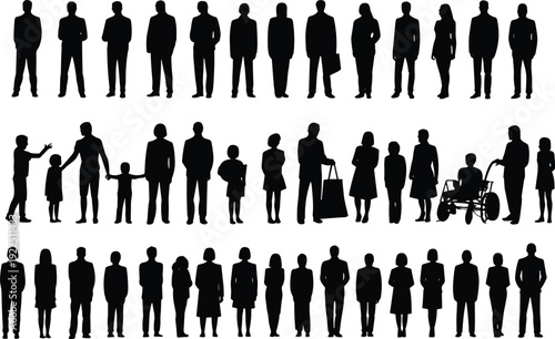 Diverse people silhouettes collection, men women children and wheelchair users isolated on white background, inclusivity community concept