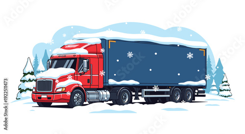 A red semi-trailer truck with a blue cargo trailer is driving through a snowy forest under falling snowflakes in winter.