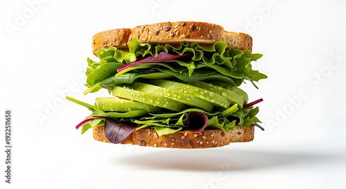 Fresh avocado and leafy green sandwich floating midair against white background for healthy food promotion.