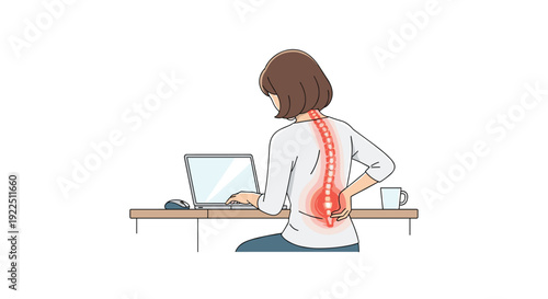 A woman experiencing back pain while working on a laptop at a desk with an illuminated spine showing discomfort.